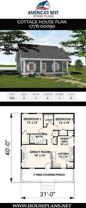 House Plan 1776-00090 - Cottage Plan: 992 Square Feet, 2 Bedrooms, 1 Bathroom - House Plan 1776-00090 - Cottage Plan: 992 Square Feet, 2 Bedrooms, 1 Bathroom -   15 diy House plans ideas
