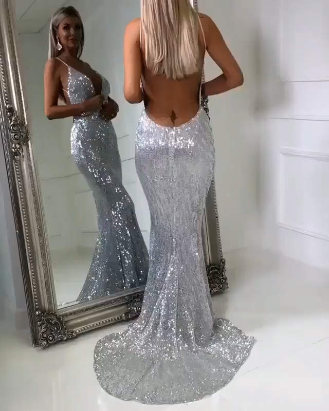 Sexy Backless Sequins V-Neck Evening Dresses | Mermaid Backless Silver Simple Party Dress - Sexy Backless Sequins V-Neck Evening Dresses | Mermaid Backless Silver Simple Party Dress -   15 style Elegant party ideas