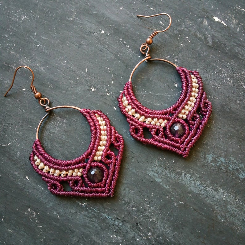 amethyst macrame earrings/boho chic tribal jewelry/hippie gypsy handmade earrings - amethyst macrame earrings/boho chic tribal jewelry/hippie gypsy handmade earrings -   16 diy Jewelry hippie ideas
