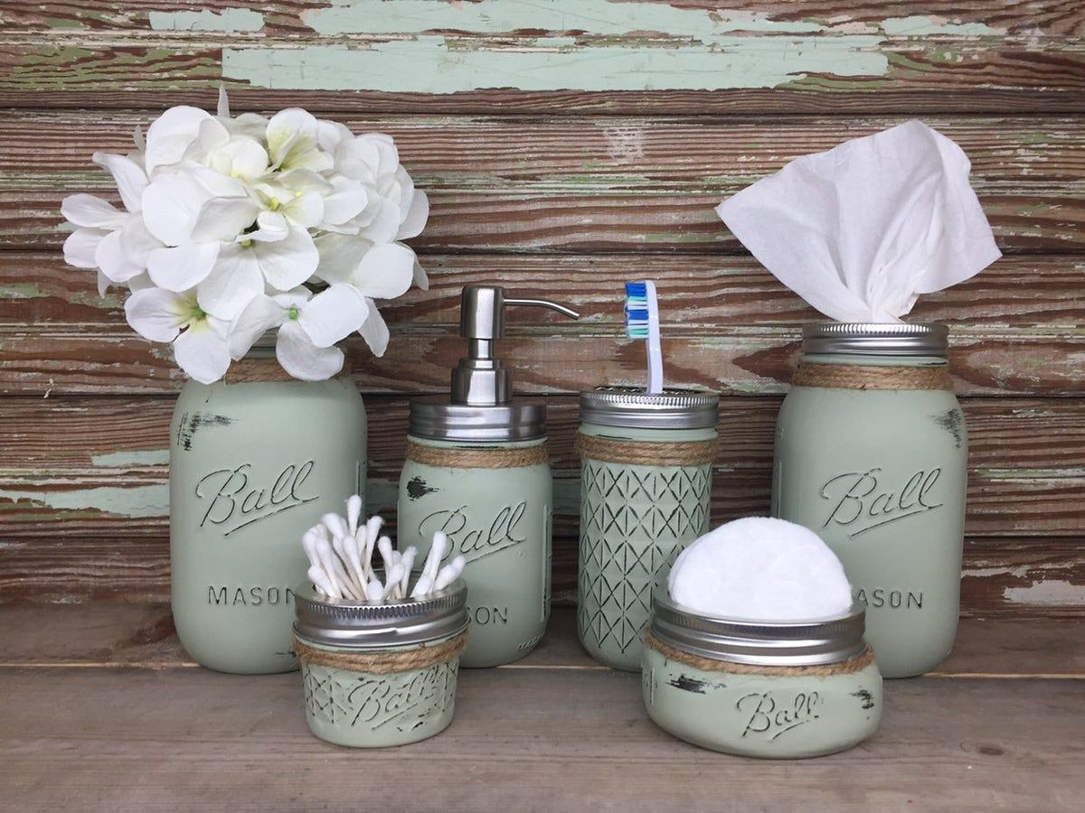 Sage Green Bathroom Mason Jar Vanity Set on Mercari - Sage Green Bathroom Mason Jar Vanity Set on Mercari -   17 diy Bathroom mason jars ideas