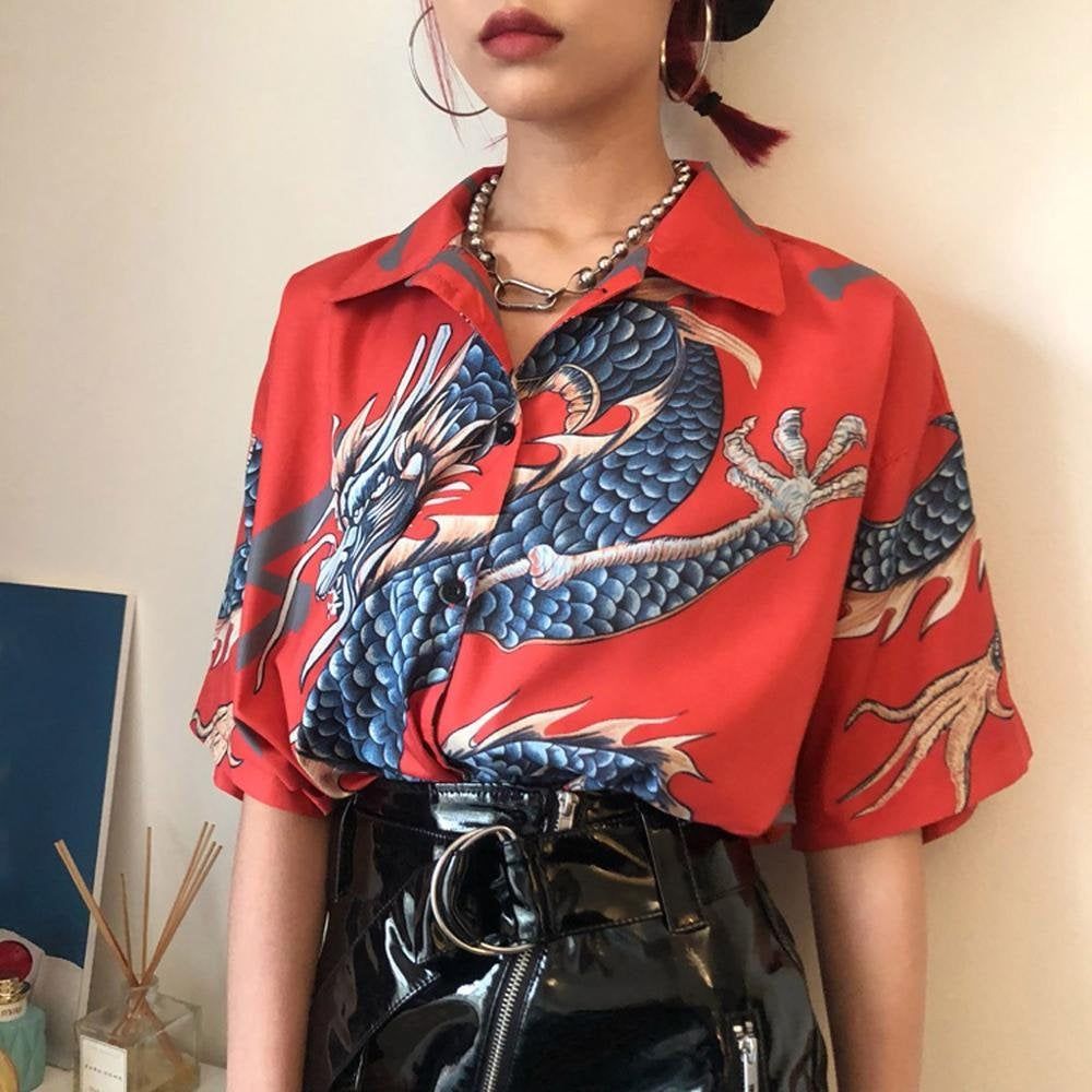 Traditional and Modern Kimono Style Dragon Pop Art Front and Back Red Dark Blue Printed All Over Shirt Blouse Soft Wrinkle Free - Traditional and Modern Kimono Style Dragon Pop Art Front and Back Red Dark Blue Printed All Over Shirt Blouse Soft Wrinkle Free -   17 style Fashion grunch ideas