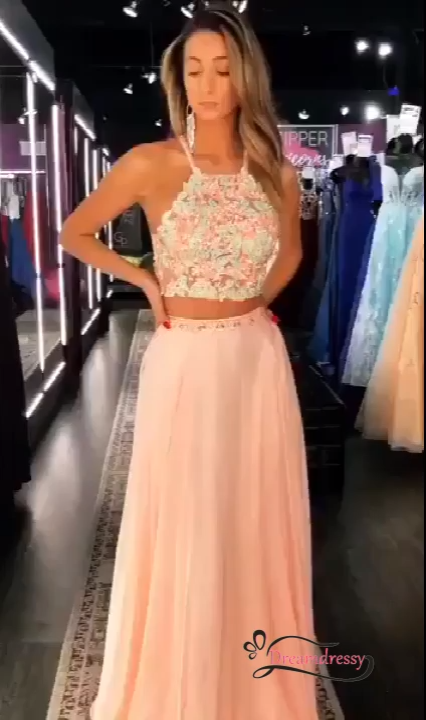 Two Piece Halter Floral Long Prom Dress with Crop Top - Two Piece Halter Floral Long Prom Dress with Crop Top -   18 beauty Dresses two piece ideas