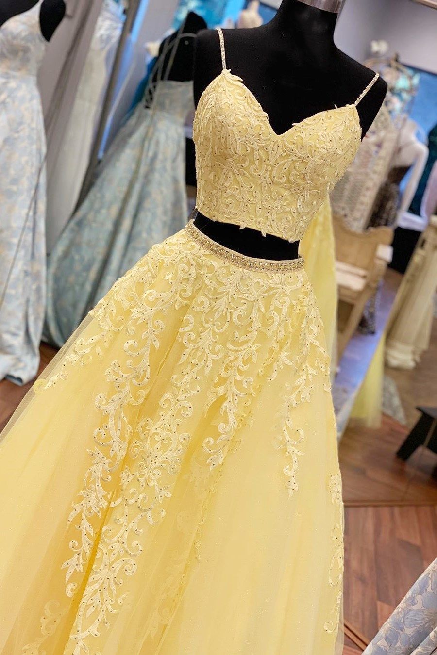 Elegant Straps Two Piece Yellow Long Lace Prom Dress - Elegant Straps Two Piece Yellow Long Lace Prom Dress -   18 beauty Dresses two piece ideas