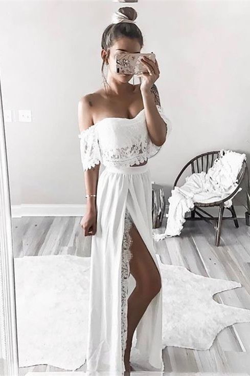 Two Piece Off-the-Shoulder White Chiffon Lace Prom Dress With Ruffles Slit - Two Piece Off-the-Shoulder White Chiffon Lace Prom Dress With Ruffles Slit -   18 beauty Dresses two piece ideas