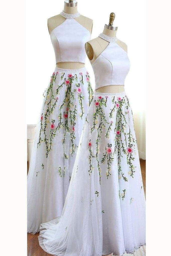Unique White Jewel Sleeveless A-line Tulle Two Pieces Prom Dress with Flowers for Teens - Unique White Jewel Sleeveless A-line Tulle Two Pieces Prom Dress with Flowers for Teens -   18 beauty Dresses two piece ideas