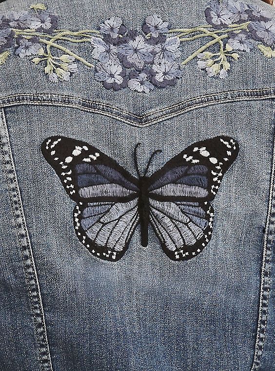 Floral Butterfly Embroidered Denim Jacket - Floral Butterfly Embroidered Denim Jacket -   18 diy Fashion art ideas