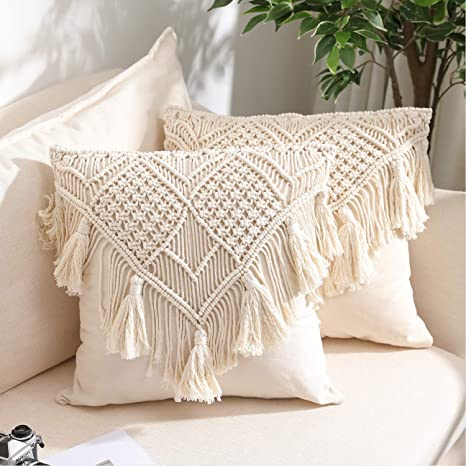 Throw Pillow Covers, Macrame Cushion Case, Woven Boho Cushion Cover for Bed Sofa Couch Bench Car Home Decor, Comfy Square Pillow Cases with Tassels, Set of 2 Decorative Pillowcase (17X17 inch, Cream) - Throw Pillow Covers, Macrame Cushion Case, Woven Boho Cushion Cover for Bed Sofa Couch Bench Car Home Decor, Comfy Square Pillow Cases with Tassels, Set of 2 Decorative Pillowcase (17X17 inch, Cream) -   18 diy Pillows boho ideas