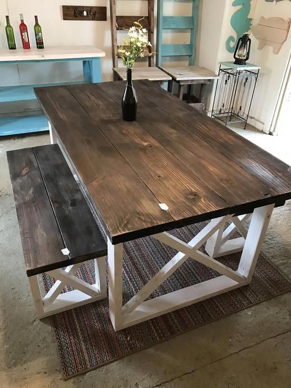 Rustic Farmhouse Table With Benches with Dark Walnut Top and Weathered White Base and Cross Brace Design. - Rustic Farmhouse Table With Benches with Dark Walnut Top and Weathered White Base and Cross Brace Design. -   19 diy Table dinner ideas