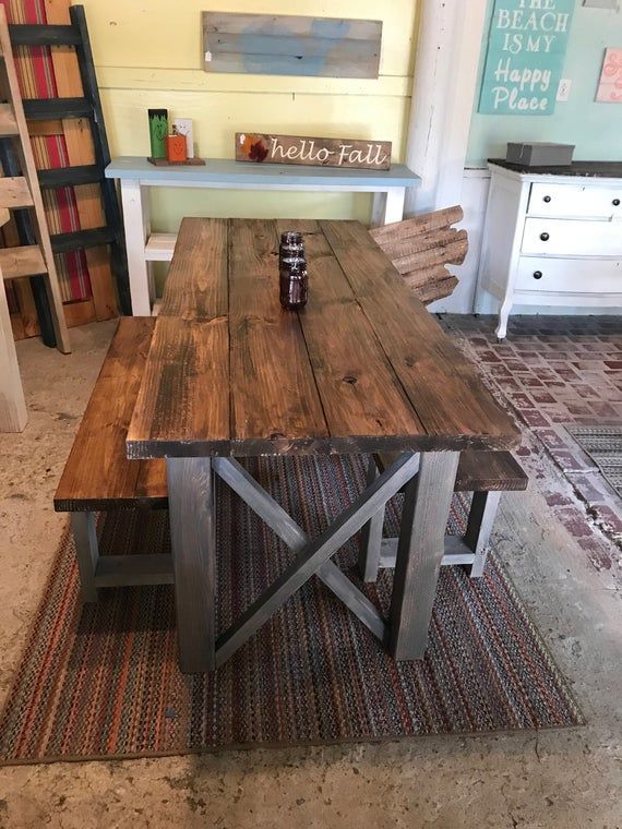 Rustic Wooden Farmhouse Table Set with Provincial Brown Top and Classic Gray Base Criss Cross Style Includes Two Benches - Rustic Wooden Farmhouse Table Set with Provincial Brown Top and Classic Gray Base Criss Cross Style Includes Two Benches -   19 diy Table rustic ideas