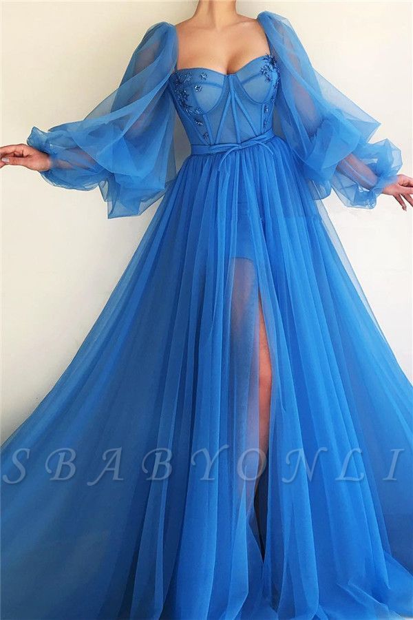 Sexy Long Sleeves Sweetheart See Through Bodice Prom Dress | Cheap Front Slit Blue Long Prom Dress - Sexy Long Sleeves Sweetheart See Through Bodice Prom Dress | Cheap Front Slit Blue Long Prom Dress -   15 style Dress long ideas