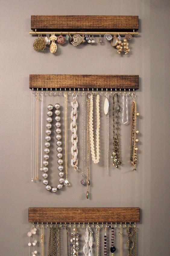 Brass and brown wood jewelry display racks - necklace and earring - Brass and brown wood jewelry display racks - necklace and earring -   16 diy Organizador pulseras ideas