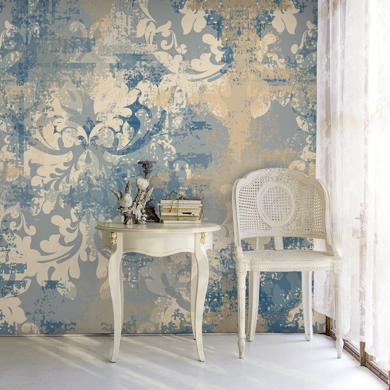 Baroque Style Damask Removable Wallpaper, Blue Yellow Vintage Mural, Retro Self Adhesive Decor, Grunge Peel and Stick Paper - Baroque Style Damask Removable Wallpaper, Blue Yellow Vintage Mural, Retro Self Adhesive Decor, Grunge Peel and Stick Paper -   17 beauty Wallpaper texture ideas