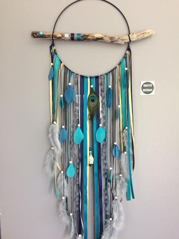 Dream catcher driftwood, Peacock feather and black, turquoise wood beads, Navy Blue and gold - large - Dream catcher driftwood, Peacock feather and black, turquoise wood beads, Navy Blue and gold - large -   18 diy Dream Catcher simple ideas