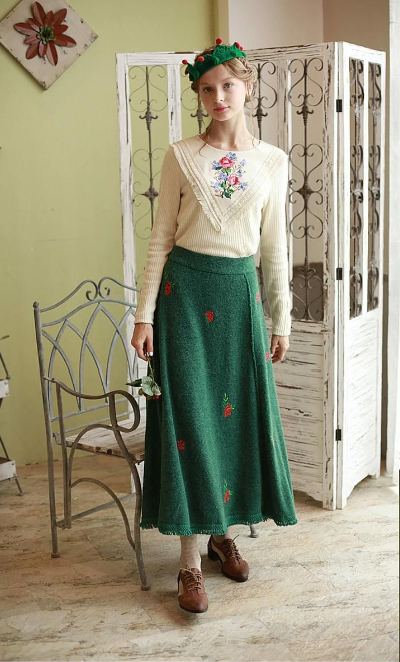 Embroidery Vintage Skirt | Green Woolen Skirt | Autumn Skirt | Knitted Skirt | Floral Skirt | Bohemian Skirt | Lolita Skirt | Romantic Skirt - Embroidery Vintage Skirt | Green Woolen Skirt | Autumn Skirt | Knitted Skirt | Floral Skirt | Bohemian Skirt | Lolita Skirt | Romantic Skirt -   18 style Vintage jupe ideas