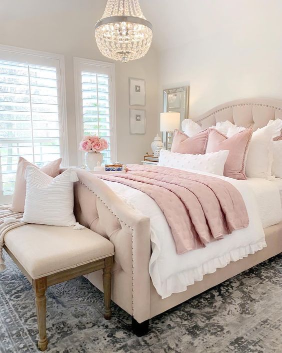 Chic Pink Girly Bedroom With pink  buttoned Headboard and pink duvet with crystal beaded chandelier - Chic Pink Girly Bedroom With pink  buttoned Headboard and pink duvet with crystal beaded chandelier -   19 beauty Room bedrooms ideas