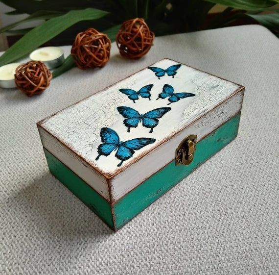 Turquoise Decorative Wooden Box, Vintage Style Decoupage Jewelry Small Box, Unique Gift For Mother, Blue Butterfly Box - Turquoise Decorative Wooden Box, Vintage Style Decoupage Jewelry Small Box, Unique Gift For Mother, Blue Butterfly Box -   19 diy Box painting ideas