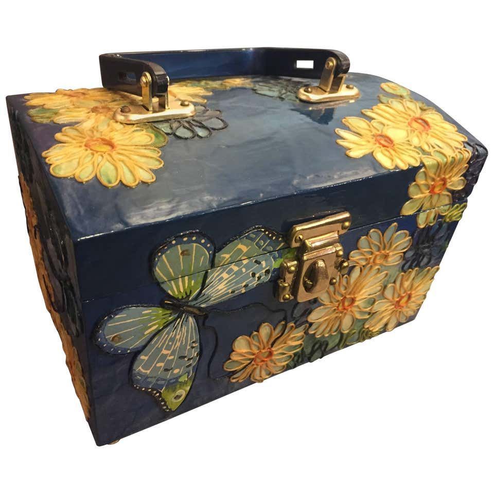 1960s Wooden Box Purse W Painted And Applied Flowers & Butterflies - 1960s Wooden Box Purse W Painted And Applied Flowers & Butterflies -   19 diy Box painting ideas