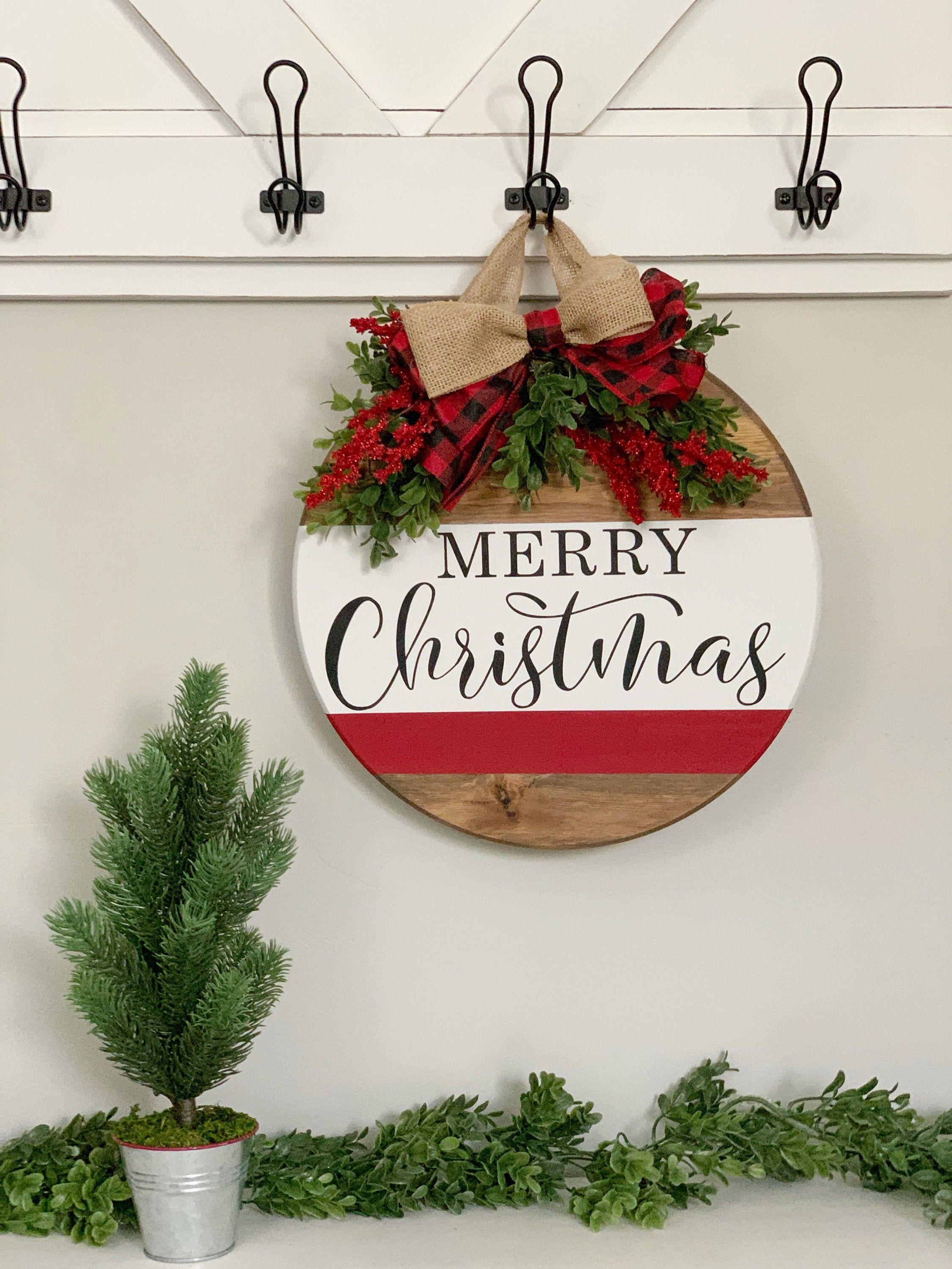 Merry Christmas round sign. Hanging Entry sign. Front door sign. Boxwood floral. Christmas Floral. Christmas decor. Christmas sign - Merry Christmas round sign. Hanging Entry sign. Front door sign. Boxwood floral. Christmas Floral. Christmas decor. Christmas sign -   19 diy Christmas Decorations wood ideas