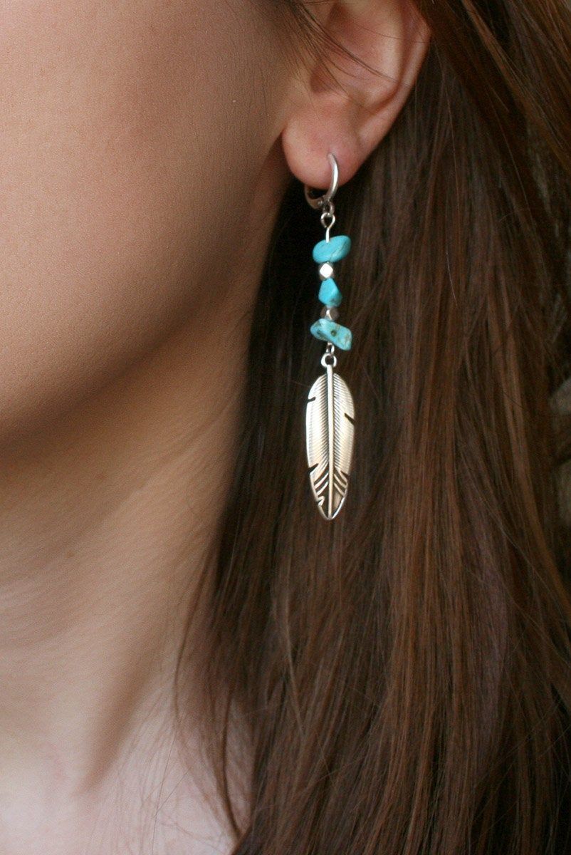 Turquoise and Silver Boho Feather Single Dangle Earring - Turquoise and Silver Boho Feather Single Dangle Earring -   19 diy Jewelry inspiration ideas
