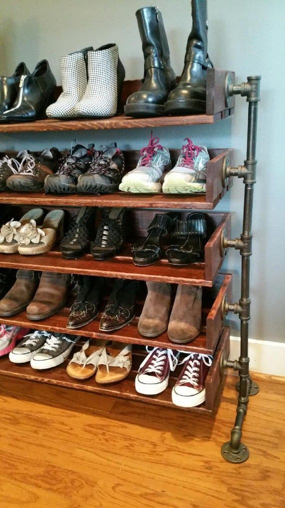 Rustic Wood Shoe Shelves with Pipe Stand Legs - Rustic Wood Shoe Shelves with Pipe Stand Legs -   19 diy Muebles zapatos ideas