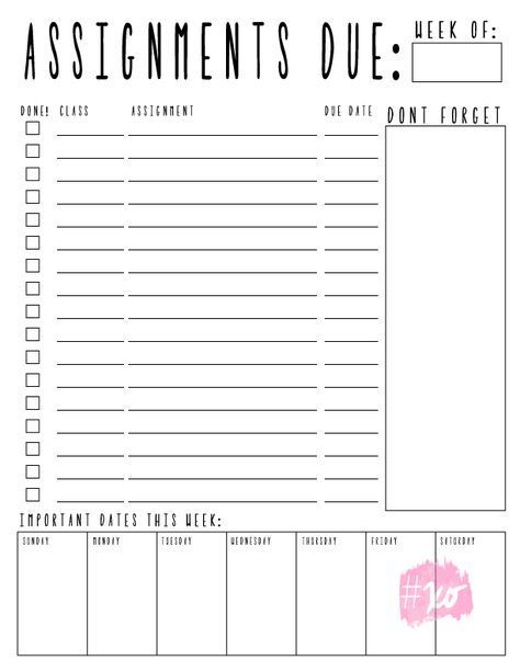 Weekly Assignments Printable — Alex Marie - Weekly Assignments Printable — Alex Marie -   19 diy Organization student ideas
