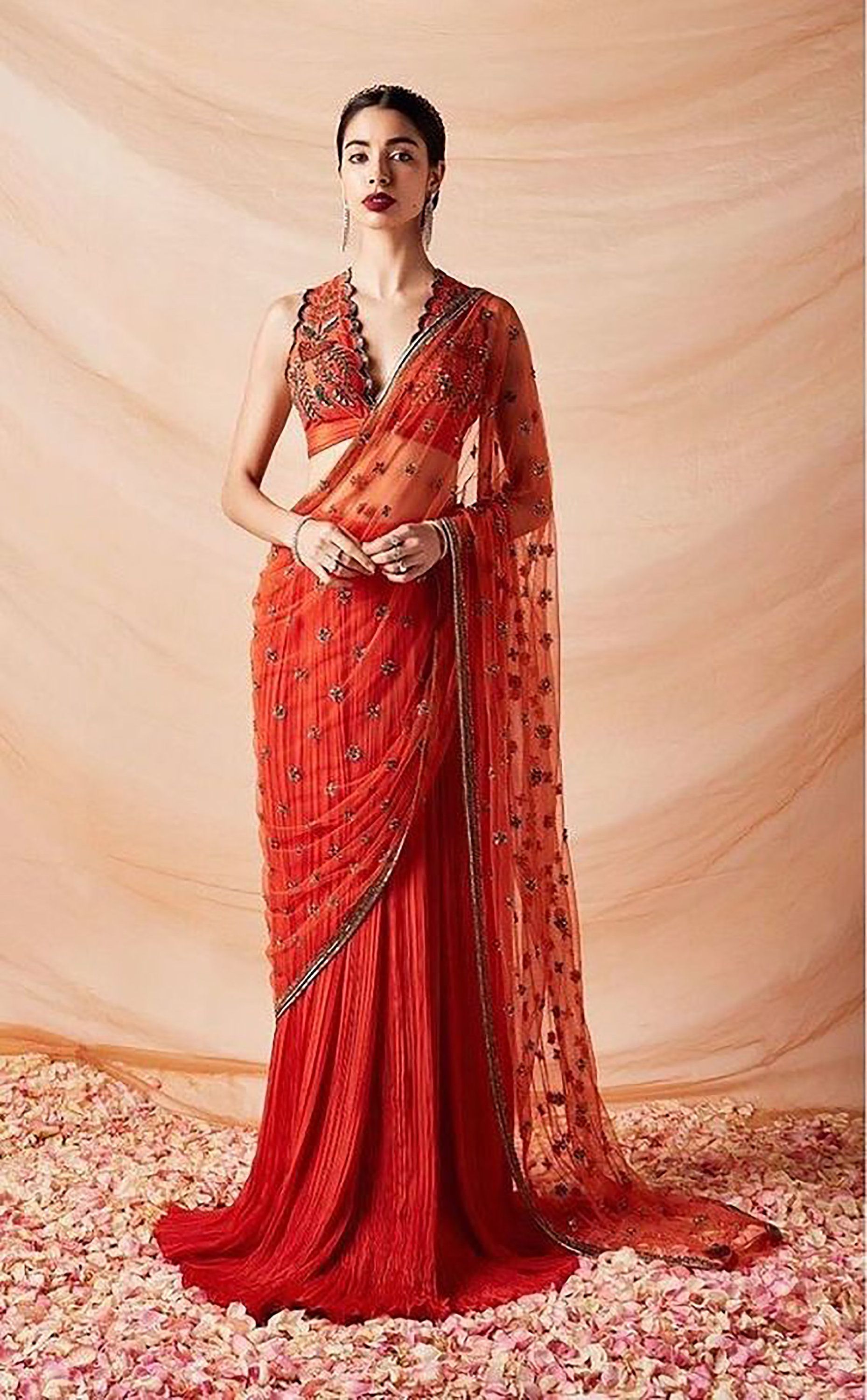 Red Embroidery Sari with Cutwork blouse | Etsy - Red Embroidery Sari with Cutwork blouse | Etsy -   19 style Dress indian ideas
