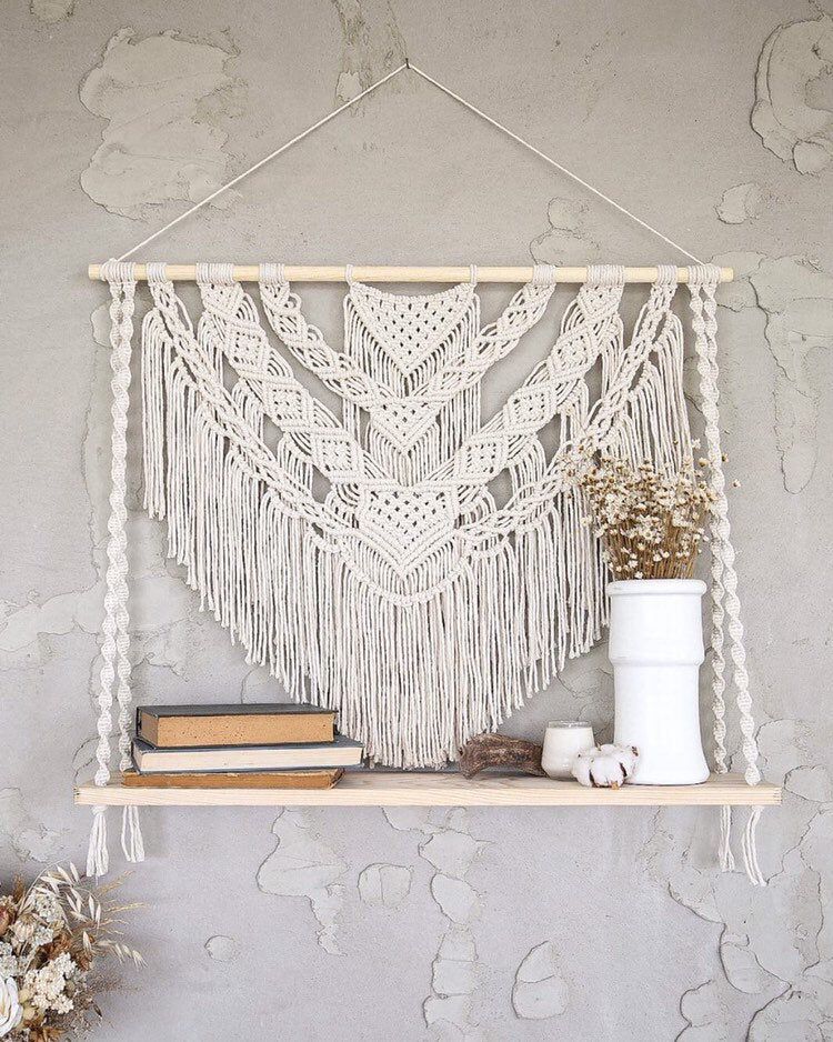 Large Macrame Wall Hanging with Wooden Shelf, Boho Floating Shelf, Macrame Plant Hanger - Large Macrame Wall Hanging with Wooden Shelf, Boho Floating Shelf, Macrame Plant Hanger -   24 diy Decorations wall ideas