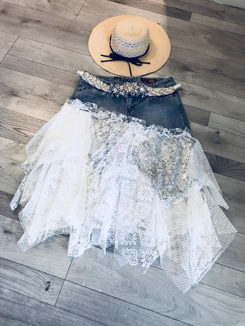 Denim&lace Stevie Nicks Style Bohemian shabby chic Cowgirl weddind fairy tattered layered skirt XL made to order is available - Denim&lace Stevie Nicks Style Bohemian shabby chic Cowgirl weddind fairy tattered layered skirt XL made to order is available -   18 stevie nicks style Bohemian ideas