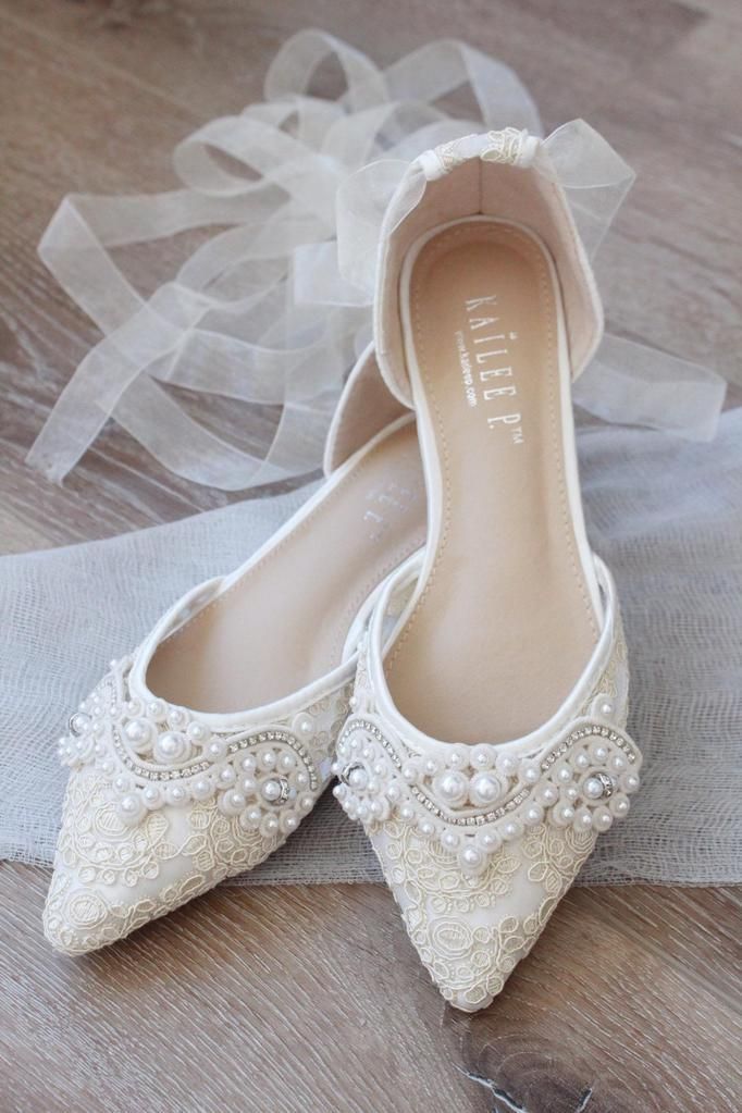 Ivory Crochet Lace Pointy Toe Flats with Small Pearls Applique & Ankle Strap - Ivory Crochet Lace Pointy Toe Flats with Small Pearls Applique & Ankle Strap -   19 diy Wedding shoes ideas