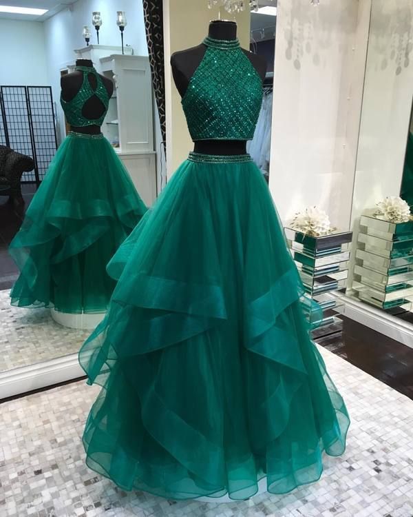 Sexy Two Piece Emerald Green Open Back Prom Dresses Long,Ball Gowns Ruffles Tulle Party Gown - Sexy Two Piece Emerald Green Open Back Prom Dresses Long,Ball Gowns Ruffles Tulle Party Gown -   20 beauty Dresses two piece ideas