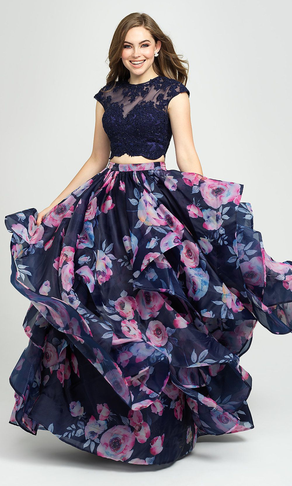 Two-Piece Navy Floral-Print Prom Dress with Beads - Two-Piece Navy Floral-Print Prom Dress with Beads -   20 beauty Dresses two piece ideas
