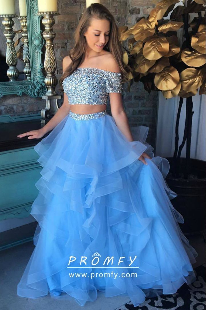 Beaded Off-the-shoulder Two-piece Blue Prom Dress - Beaded Off-the-shoulder Two-piece Blue Prom Dress -   20 beauty Dresses two piece ideas