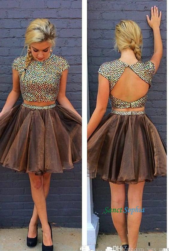Knee Length Two Pieces Beading Coffee Homecoming Dress,Short Two Pieces Graduation Dress - Knee Length Two Pieces Beading Coffee Homecoming Dress,Short Two Pieces Graduation Dress -   20 beauty Dresses two piece ideas