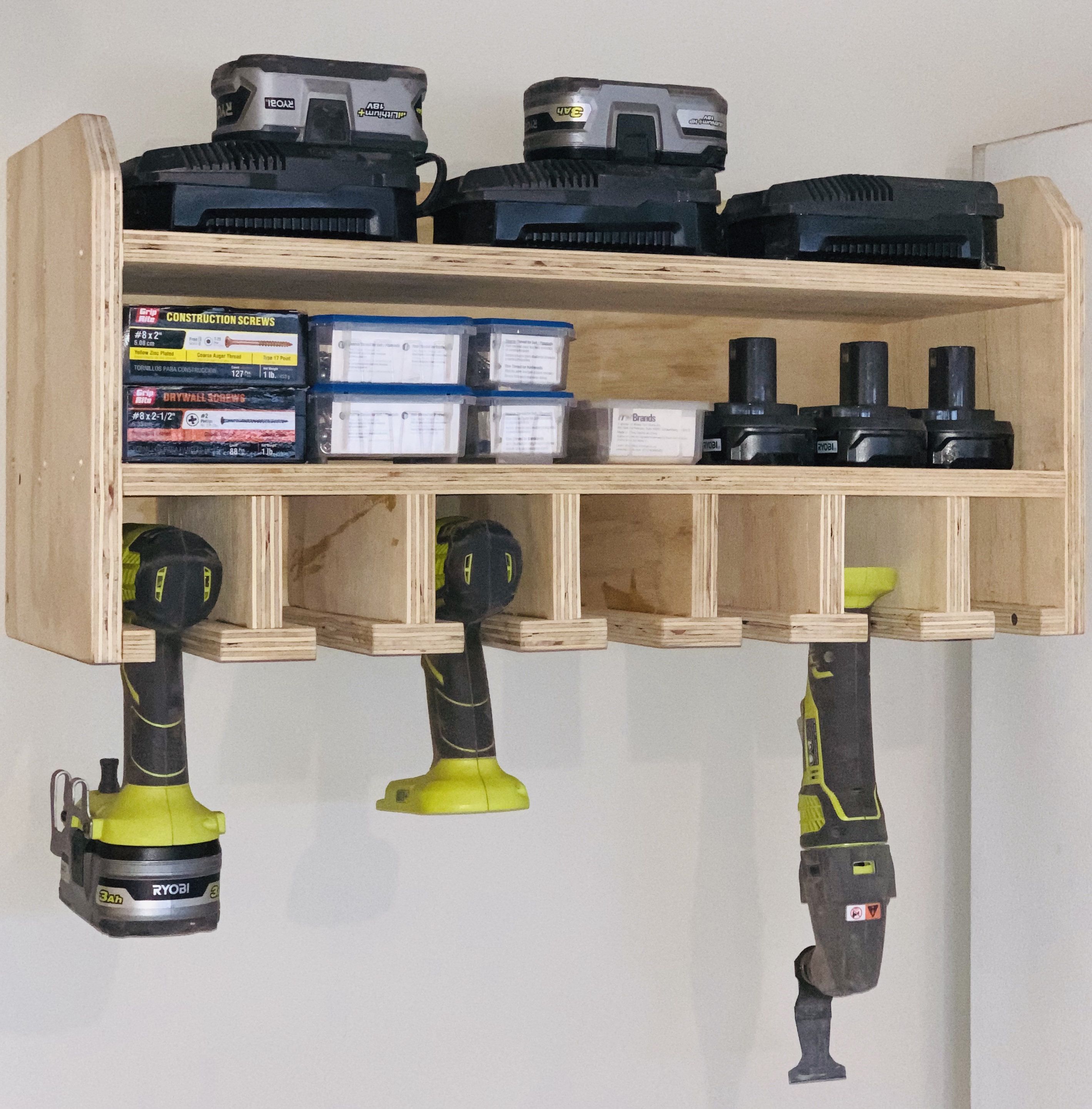 Cordless Tool Holder with 7 Slots and Power strip - Cordless Tool Holder with 7 Slots and Power strip -   17 diy Organization wood ideas