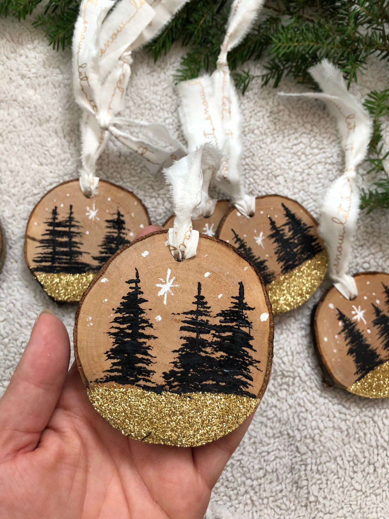 North star and trees, with gold glitter and let it snow ribbon- modern cabin Christmas, nordic decor,hand painted Christmas ornaments - North star and trees, with gold glitter and let it snow ribbon- modern cabin Christmas, nordic decor,hand painted Christmas ornaments -   18 diy Christmas ornaments ideas