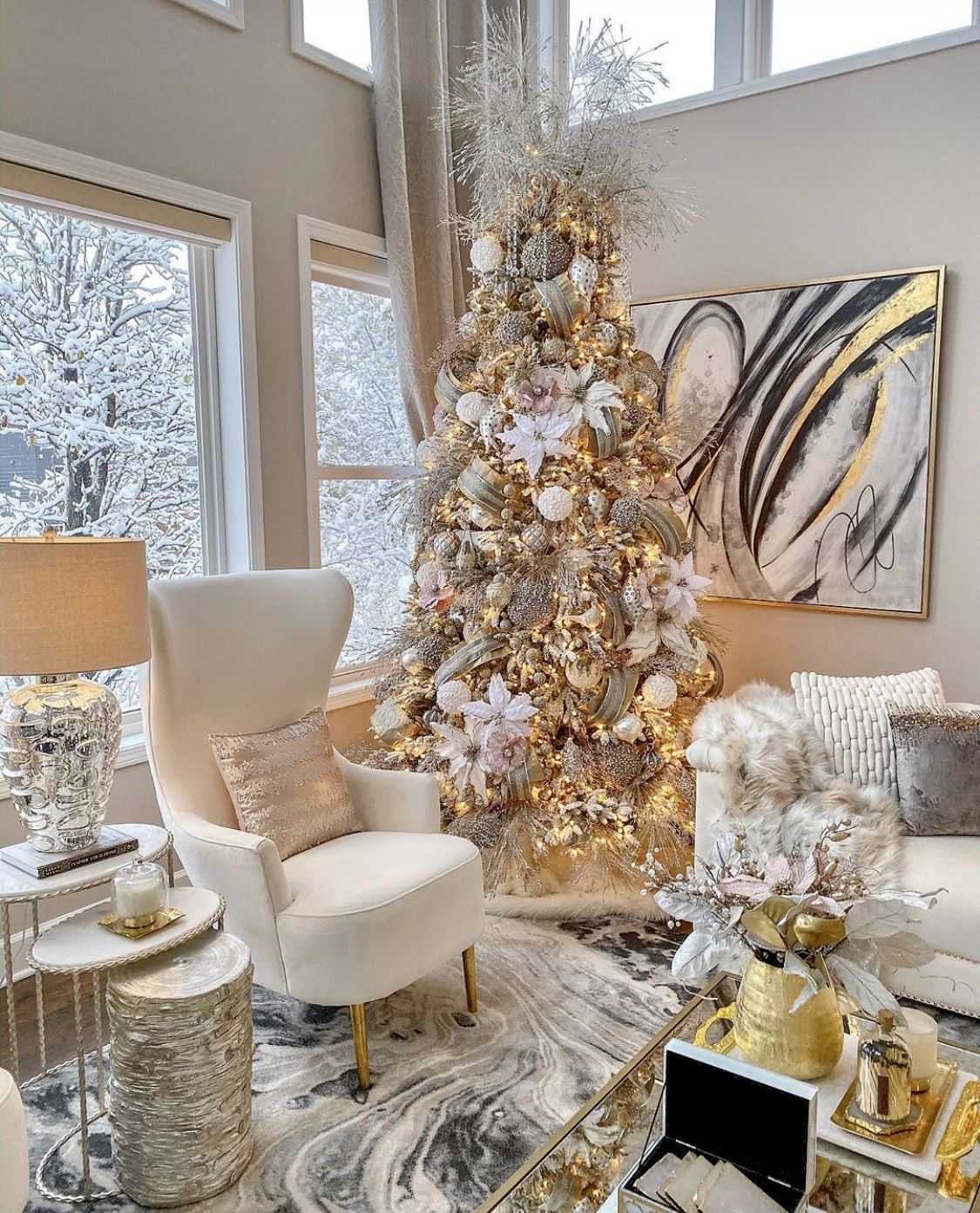 Beautiful white and gold christmas living room decor - Beautiful white and gold christmas living room decor -   18 christmas decorations living room farmhouse ideas