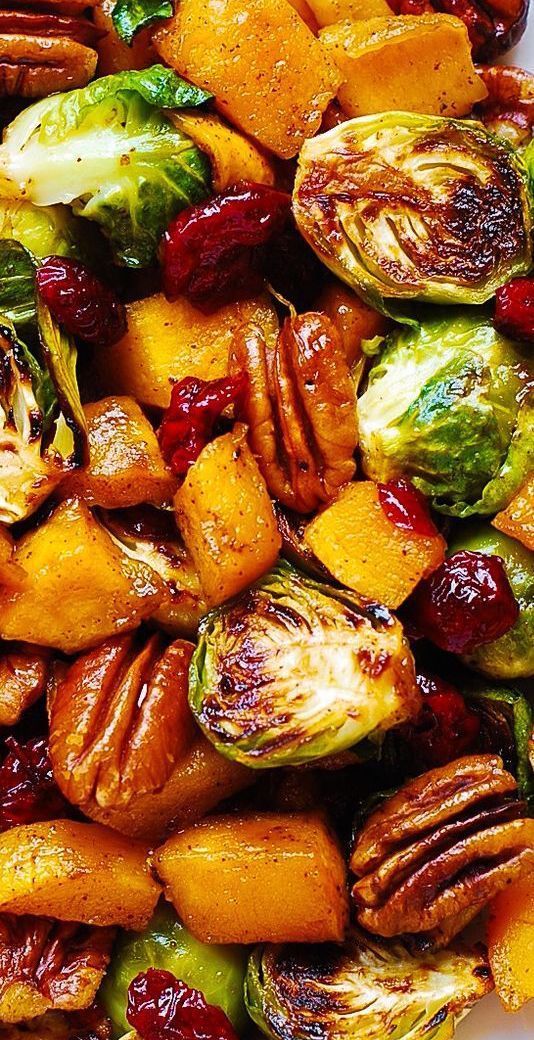 Thanksgiving Side Dish: Roasted Butternut Squash and Brussels sprouts with Pecans and Cranberries - Thanksgiving Side Dish: Roasted Butternut Squash and Brussels sprouts with Pecans and Cranberries -   19 easy healthy thanksgiving sides ideas