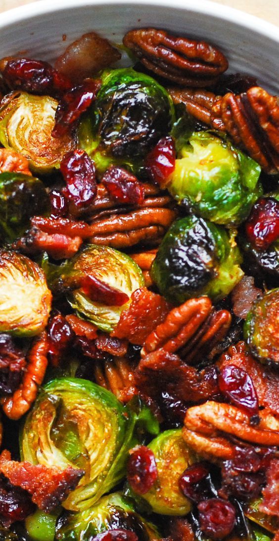 Thanksgiving: Roasted Brussels Sprouts with Bacon, Pecans, and Cranberries - Thanksgiving: Roasted Brussels Sprouts with Bacon, Pecans, and Cranberries -   19 thanksgiving recipes side dishes healthy ideas