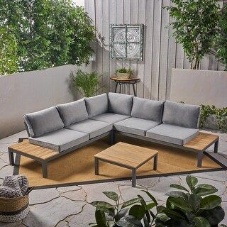 Eldon Outdoor V-Shaped Aluminum and Wood Sofa Set by Christopher Knight Home (Grey Finish/ Light Grey Cushion), Gray, Outdoor Seating - Eldon Outdoor V-Shaped Aluminum and Wood Sofa Set by Christopher Knight Home (Grey Finish/ Light Grey Cushion), Gray, Outdoor Seating -   20 diy Garden sofa ideas