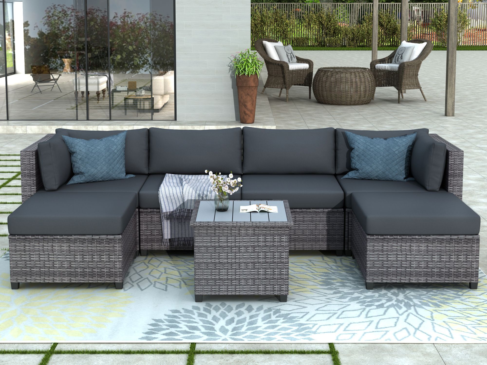 7 Piece Patio Furniture Set with 4 Rattan Wicker Chairs, 2 Ottoman, Coffee Table, All-Weather Outdoor Conversation Set with Gray Cushions for Backyard, Porch, Garden, Poolside, L5017 - 7 Piece Patio Furniture Set with 4 Rattan Wicker Chairs, 2 Ottoman, Coffee Table, All-Weather Outdoor Conversation Set with Gray Cushions for Backyard, Porch, Garden, Poolside, L5017 -   20 diy Garden sofa ideas