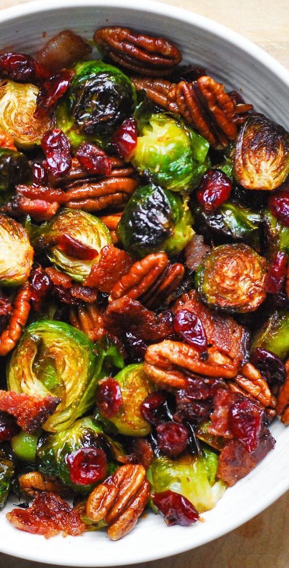 Holidays: Roasted Brussels Sprouts with Bacon, Toasted Pecans, and Dried Cranberries - Holidays: Roasted Brussels Sprouts with Bacon, Toasted Pecans, and Dried Cranberries -   17 thanksgiving sides ideas