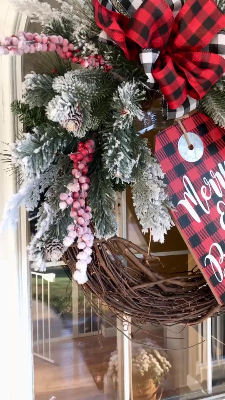 Christmas Merry and Bright Wooden Tag with Berries & Buffalo Plaid Ribbon - Christmas Merry and Bright Wooden Tag with Berries & Buffalo Plaid Ribbon -   christmas decor wreaths & garlands