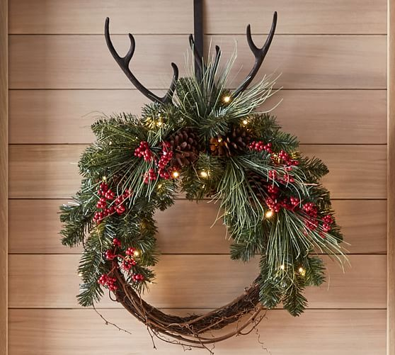 Pre-Lit Faux Red Berry & Pine Wreath - Pre-Lit Faux Red Berry & Pine Wreath -   18 christmas decor wreaths & garlands ideas