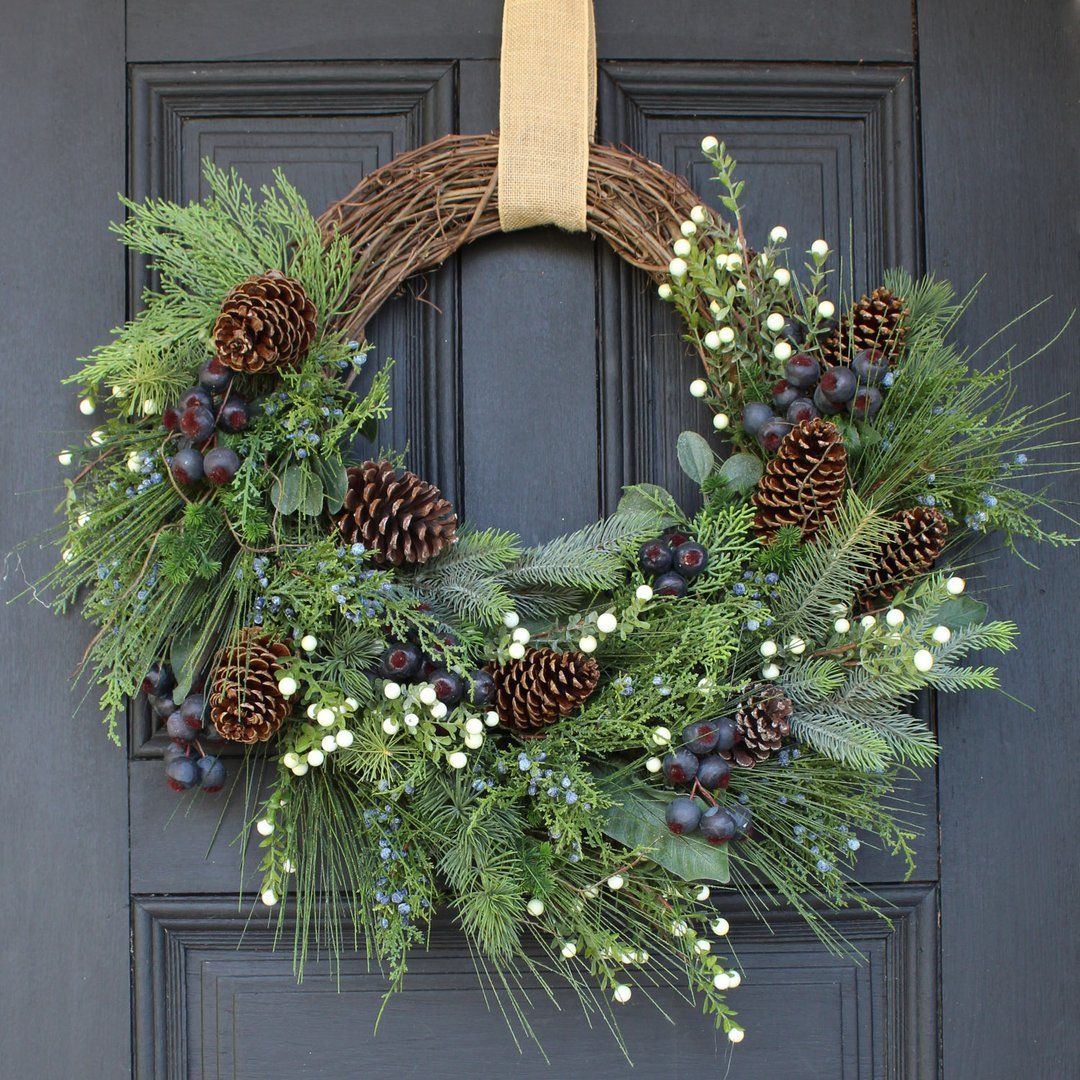 Mixed Long Needle Pine, Blueberry & Pinecone Rustic Winter Christmas Front Door Wreath with Burlap Ribbon - Mixed Long Needle Pine, Blueberry & Pinecone Rustic Winter Christmas Front Door Wreath with Burlap Ribbon -   18 christmas decor wreaths & garlands ideas