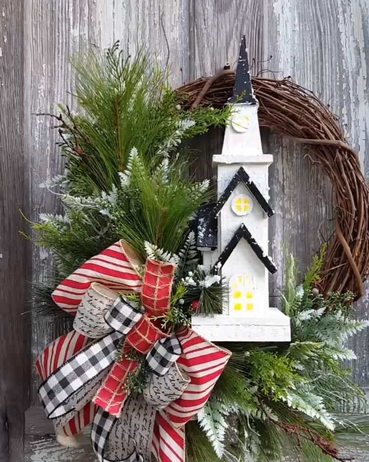 Lighted Church Country Christmas Wreath - Lighted Church Country Christmas Wreath -